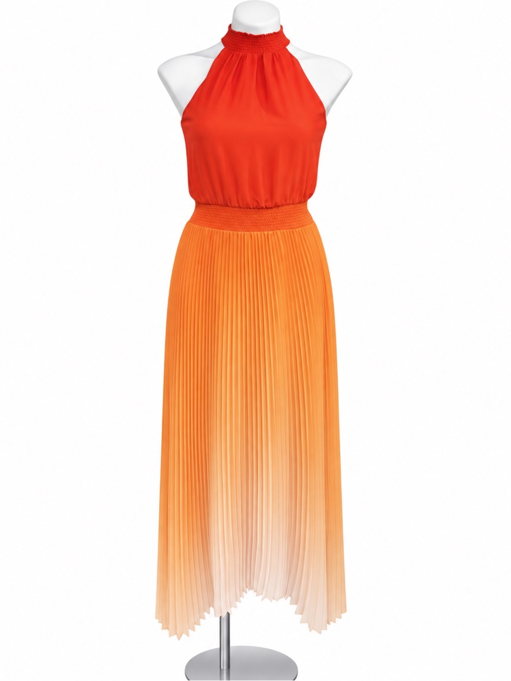 White House Black Market Red-to-Orange Ombre Halter Pleated Maxi Dress
